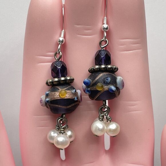 925 Sterling Silver Vintage Murano Wedding Cake Glass Beaded Pearl Earrings - Picture 2 of 6